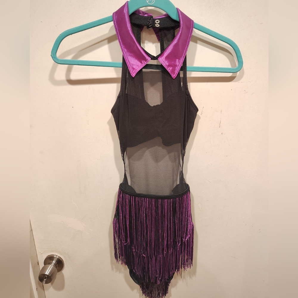 Weissman Sheer Black & Purple Fringe Skirt Dance Jazz Tap Leotard Adult Sz S